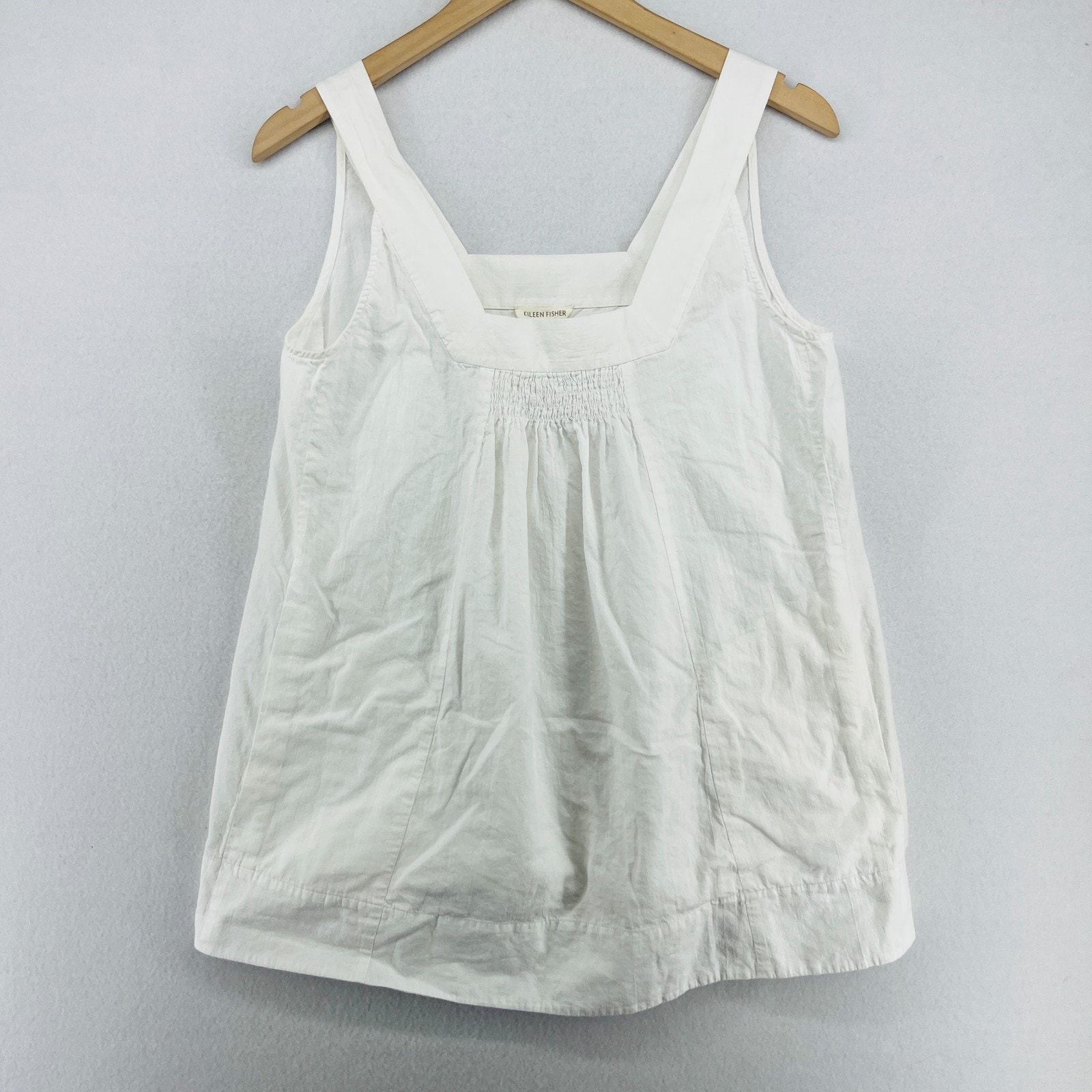 Eileen Fisher Tank Top S Cotton Smocked Square Neck Sleeveless Woven White
